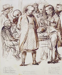 Een groep geestelijken en politici, waaronder John Keble en William Gladstone, in gesprek met de bisschop van Londen in Fulham Palace